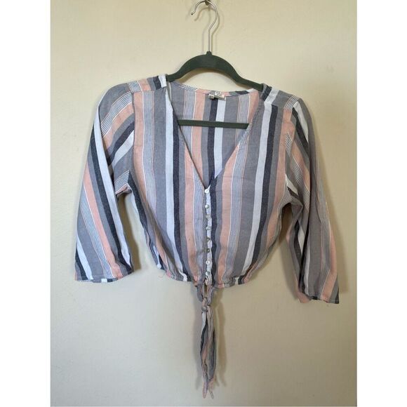 Striped Japna V-neck button down long sleeve tie blouse - Picture 1 of 5